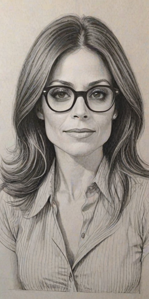Ravishing Bethenny Frankel, pencil sketch, portrait of Fetching woman 1975s in glasses, hair style beatnik, outline, clear lines, fine lines, 8k