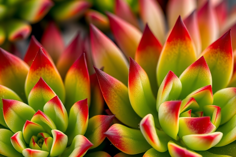 Close-up shot of succulent plants with vibrant green and red-tipped leaves, using a macro lens at f/4 aperture, 1/200 sec shutter speed, ISO 100, natural lighting.