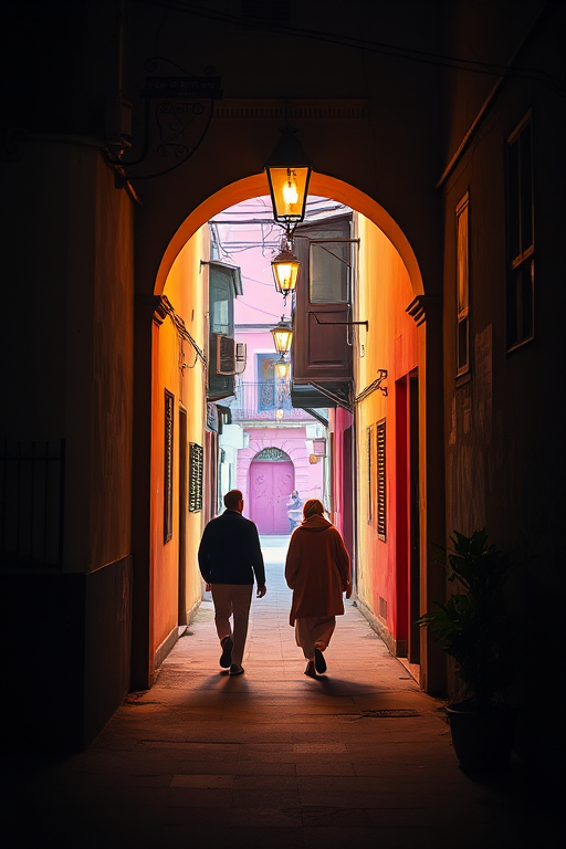 regenerate a vibrant alleyway scene with two figures walking under an archway illuminated by a lantern, using a Canon EOS R5, f/2.8 aperture, ISO 100, 50mm lens, in portrait orientation, with a soft focus and high dynamic range for enhanced colors and detail