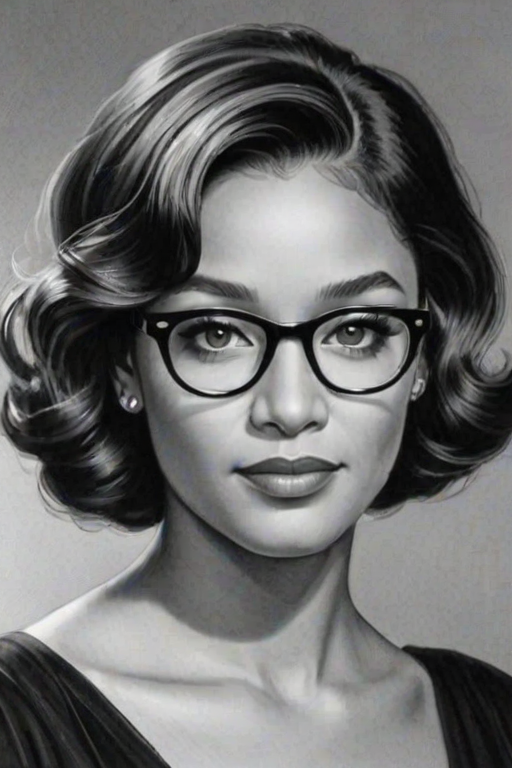 Charming Tiffany Haddish, pencil sketch, portrait of Exquisite woman 1938s in glasses, hair style beatnik, outline, clear lines, fine lines, 8k