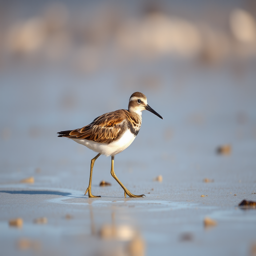 Create a high-resolution image of a shorebird walking on wet sand, captured with a Canon EOS R5 camera, 85mm lens, f/2.8 aperture, ISO 200, focusing on depth of field with a soft bokeh background, from a low angle perspective to emphasize the bird's details and natural habitat.