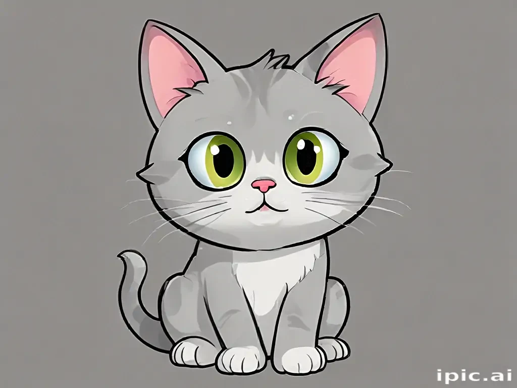 Adorable Cartoon Cat with Big Green Eyes Sitting Cheerfully on Gray ...