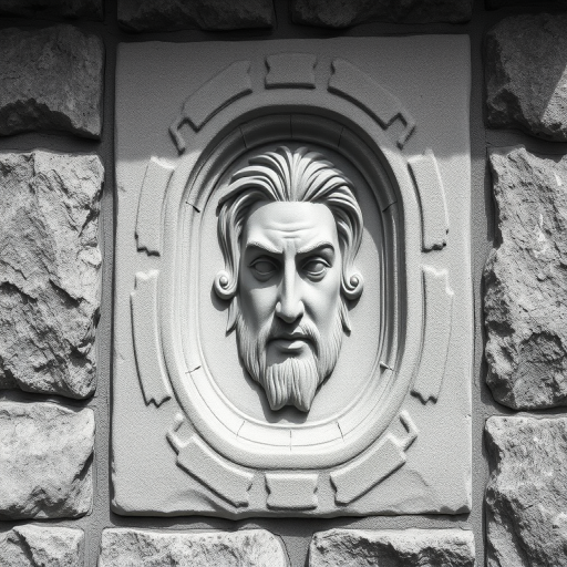 Create a detailed, high-resolution monochrome photograph of a sculpted face relief on a textured stone wall, using a DSLR camera with a 50mm lens, f/2.8 aperture, ISO 100, and a shallow depth of field for enhanced clarity and detail, shot in natural light from a slightly elevated angle for a dramatic perspective.