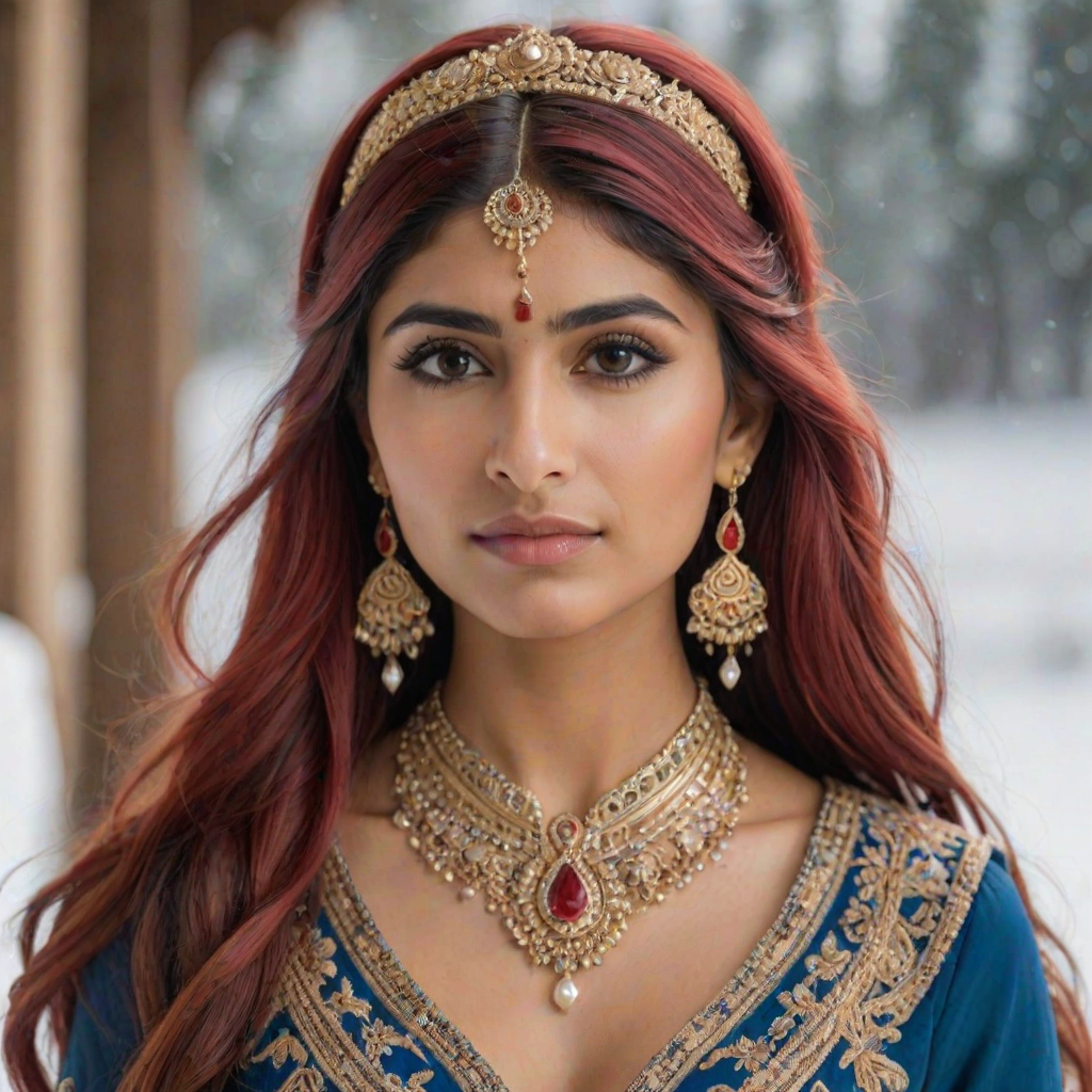 mia khalifa with long, flowing red hair, wearing a traditional, ornate red and blue costume with gold accents and intricate embroidery, stands facing the viewer in a close-up portrait. Her hair is styled in a high ponytail and adorned with a pair of golden, winged hairpieces. She wears gold earrings and her makeup is accented with light pink blush and a bright red lip. She has a soft and slightly melancholic expression, with her eyes looking directly at the camera. The background is a blurred, out-of-focus snowy landscape, with the woman in the foreground. The lighting is soft and natural, creating a warm, intimate atmosphere. The image is composed using a shallow depth of field, with the woman as the main focal point. The overall style is elegant, delicate, and fairytale-like.