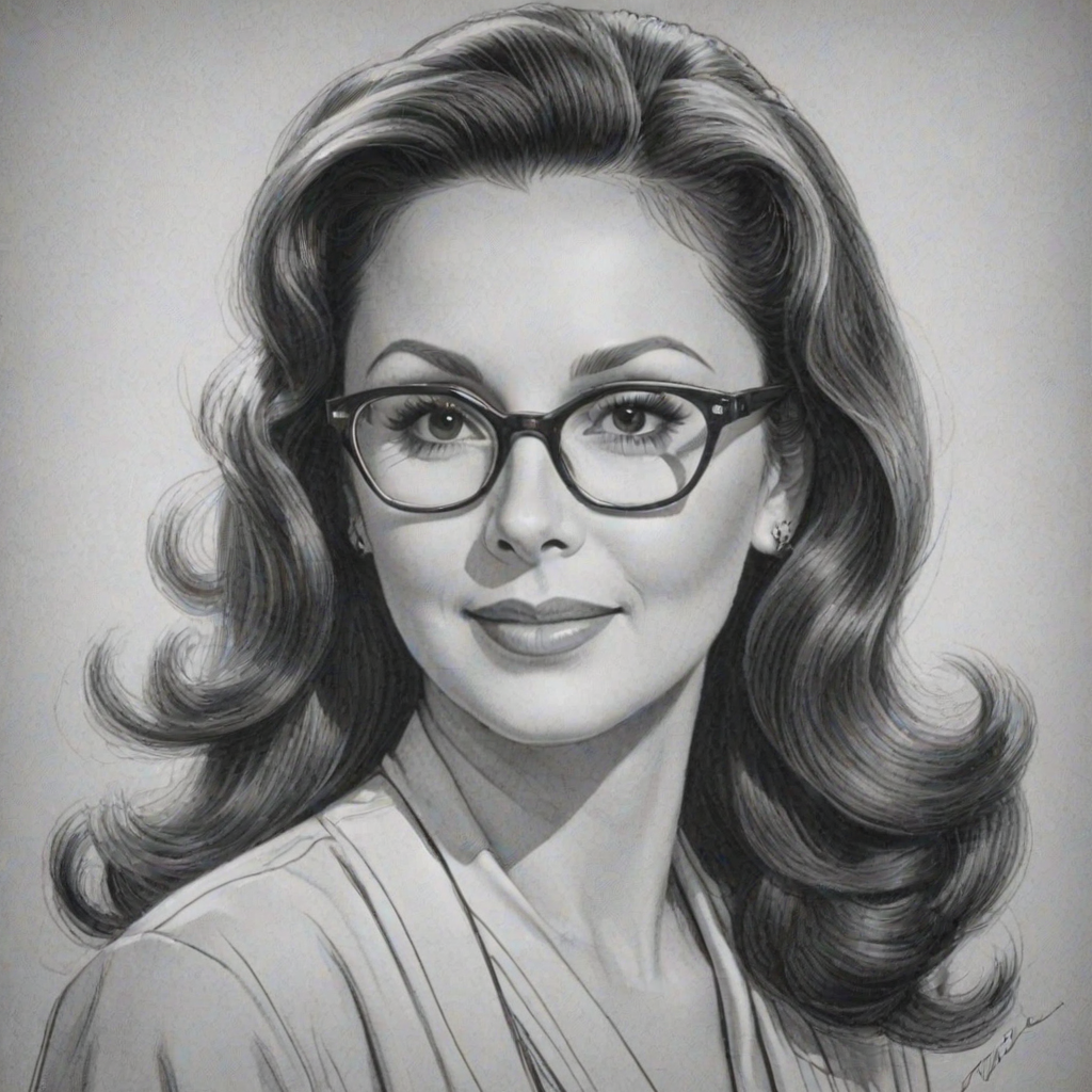 Elegant Marlo Thomas, pencil sketch, portrait of Graceful woman 1940s in glasses, hair style beatnik, outline, clear lines, fine lines, 8k