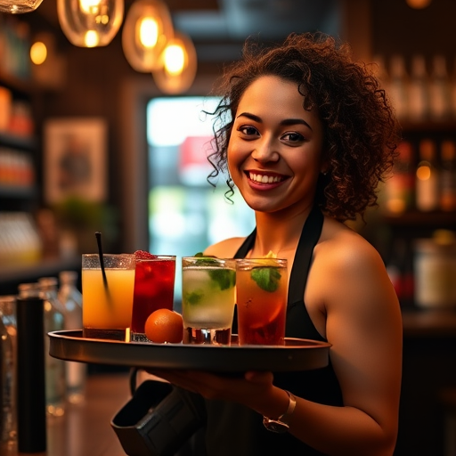 A female bartender with curly hair smiling while holding a tray with colorful cocktails in a cozy, dimly lit bar, captured with a Canon EOS R5, f/2.8, 50mm lens, ISO 100, 1/200s, shallow depth of field for bokeh effect, warm tones to enhance the atmosphere.