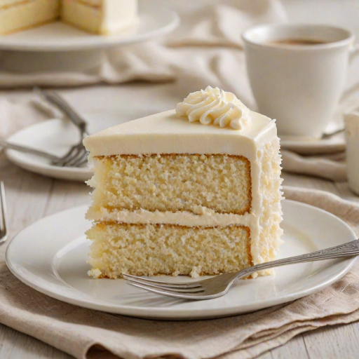 Generate an image of a slice of moist vanilla cake with cream cheese frosting on a white plate. The cake should have a soft and fluffy texture, with a smooth, thick layer of frosting on top. Include a fork resting beside the cake and a blurred background of a glass dish containing more cake. The setting should feel warm and inviting, with a simple tablecloth underneath.