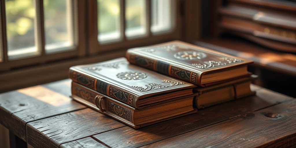 Vintage leather-bound books with intricate designs on a distressed wooden table, natural light streaming through a window, shot with a Canon EOS R5, 50mm f/1.2 lens, aperture f/2.8, ISO 100, shallow depth of field, soft focus background.