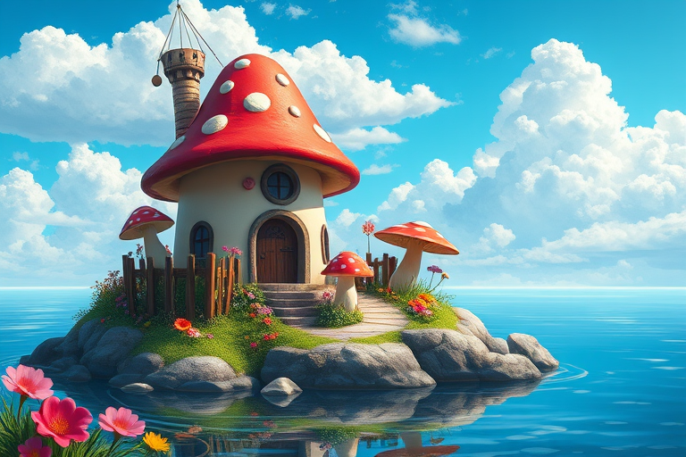 Create an illustration of a whimsical mushroom-shaped house on a small island surrounded by water, with colorful flowers and oversized mushrooms, under a bright blue sky with fluffy clouds, captured as a vibrant digital painting using a Canon EOS R5, 24mm lens, aperture f/8, ISO 100, and a soft focus effect for enhanced depth and detail.