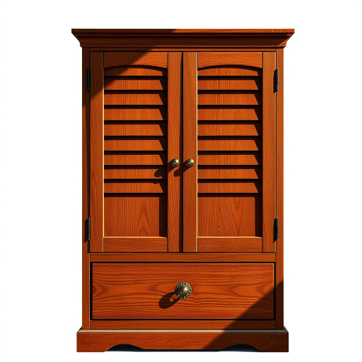 Create a detailed illustration of a wooden cabinet with a rich mahogany finish, featuring two doors with horizontal slats, a decorative bottom drawer, emphasize the grain texture, use a DSLR camera with a 50mm lens, f/1.8 aperture, ISO 100, shot from eye level in natural light for a warm ambiance.