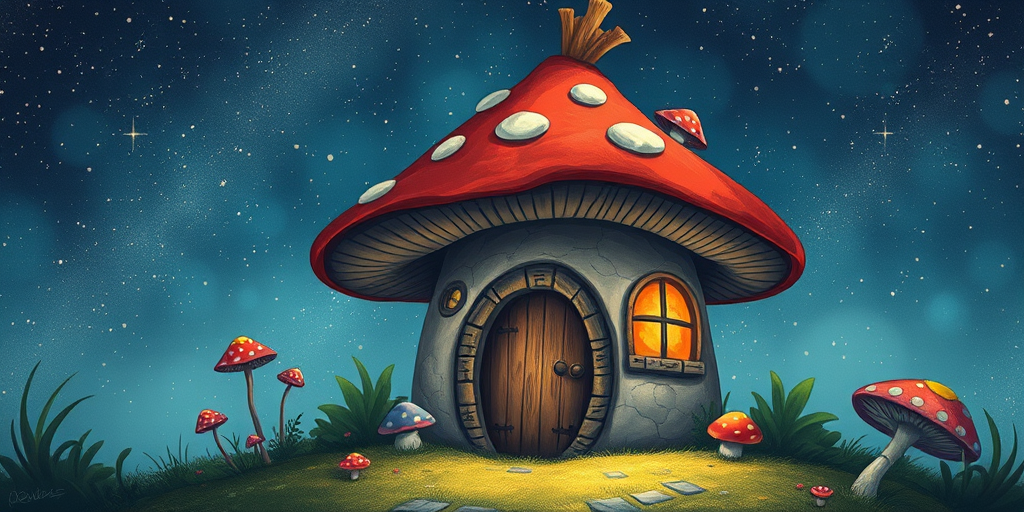 this image is illustration of a mushroom house with a door and a window, a storybook , fantasy art, mushroom house, bg starry sky, sparkles