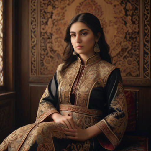 A beautiful Armenian woman in traditional East Asian attire, intricately detailed with embroidered patterns, sitting gracefully in a richly decorated room, soft ambient lighting, serene and elegant, ultra-realistic, 8K resolution