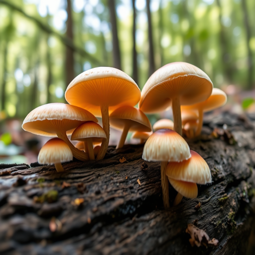 mushrooms growing on a log in a forest, close-up shot, macro photography, f/2.8 aperture, ISO 100, 1/200s shutter speed, natural sunlight, using a DSLR camera with a 100mm macro lens