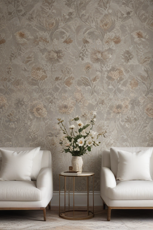 Elegant Living Room Setup Featuring Floral Wallpaper and Cozy Seating ...