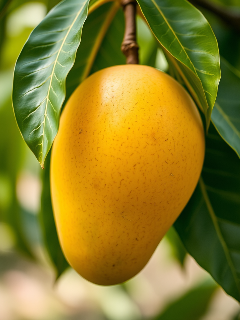 Create a high-resolution image of a mango with green leaves, close-up view, using a DSLR camera, f/2.8 aperture, 50mm lens, natural lighting, and shallow depth of field for a soft background.