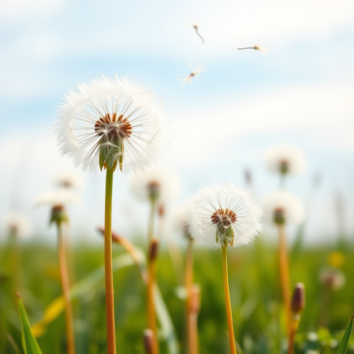 Watercolor illustration of dandelions blowing in the wind against a soft blue sky, focus on the delicate details of the flowers and the gentle movement of seeds, shot with a Canon EOS R5, aperture f/2.8, shutter speed 1/100s, ISO 100, using a shallow depth of field to enhance foreground clarity while softly blurring the background.