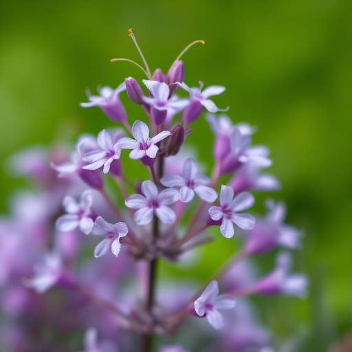 Capture a close-up shot of delicate purple flowers with a blurred green background using a DSLR camera, aperture f/2.8, shutter speed 1/200s, ISO 100, macro lens, natural light.