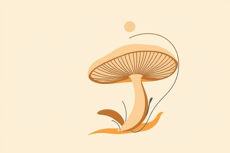 Create a minimalist abstract illustration of a mushroom with curved lines and shapes in earthy tones on a light beige background, captured with a 50mm lens at f/2.8, ISO 100, in natural light, using a DSLR camera for enhanced detail and clarity.