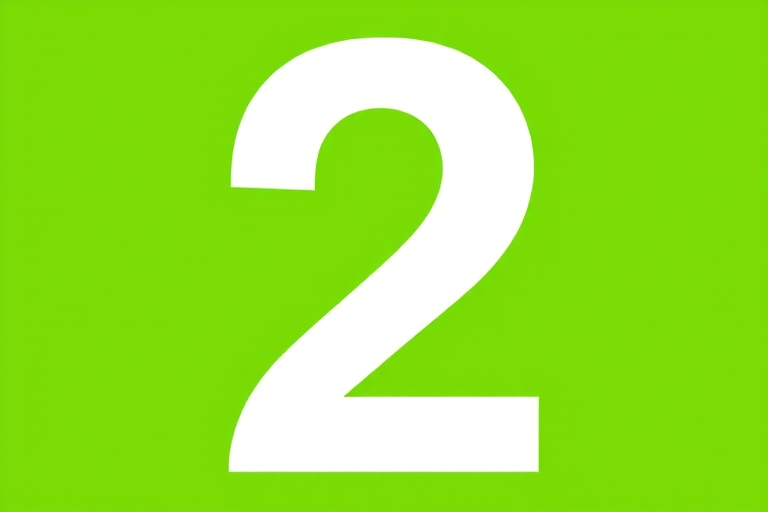 Create a high-resolution image of a large white number two on a vibrant green square background, using a DSLR camera with a 50mm lens, f/1.8 aperture, ISO 100, and a slight vignette effect for emphasis.