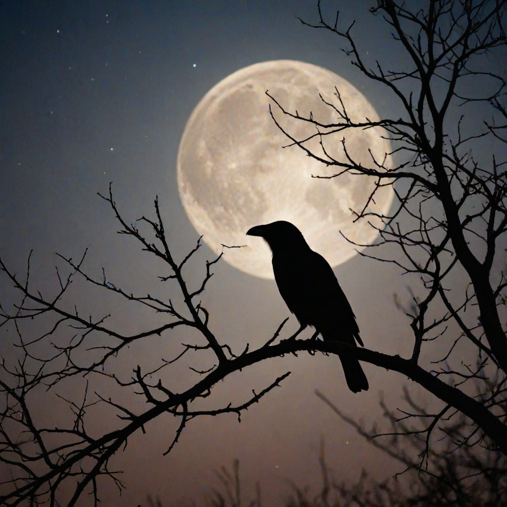 A fantastical photo featuring the silhouette of a crow perched on the branches of a tree, set against the backdrop of a large, luminous moon. Incorporate fantasy elements into the posture of the crow and the shape of the branches, depicting a mysterious scene illuminated by the moonlight on a tranquil night. Use warm tones to enhance the cozy atmosphere of this enchanting and elegant scene. insanely detailed, High contrast and low saturation.