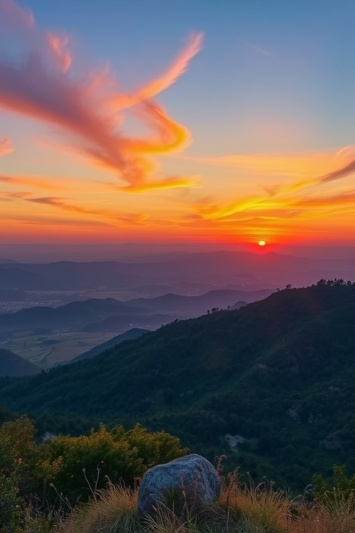 Create a high-resolution image of a scenic landscape at sunset, using a DSLR camera with a 50mm lens, aperture set to f/1.8, ISO 100, and a shutter speed of 1/200 seconds, capturing the vibrant colors in a wide-angle view.
