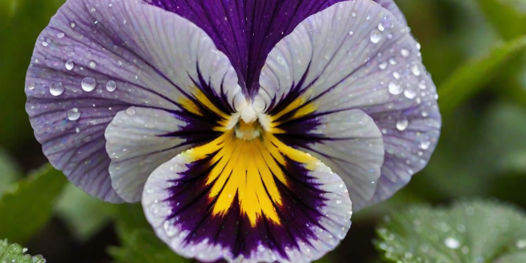 a close-up of a purple pansy flower with a striking white and yellow center, surrounded by dewdrops and soft green leaves, in a blurred garden background