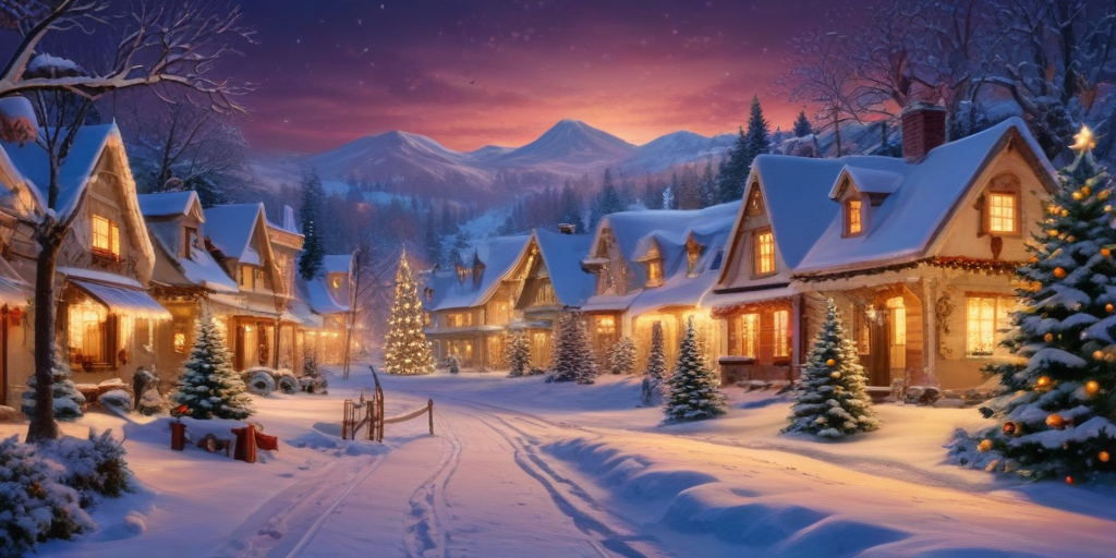 Charming Winter Village Blanketed in Snow Under a Starry Evening Sky