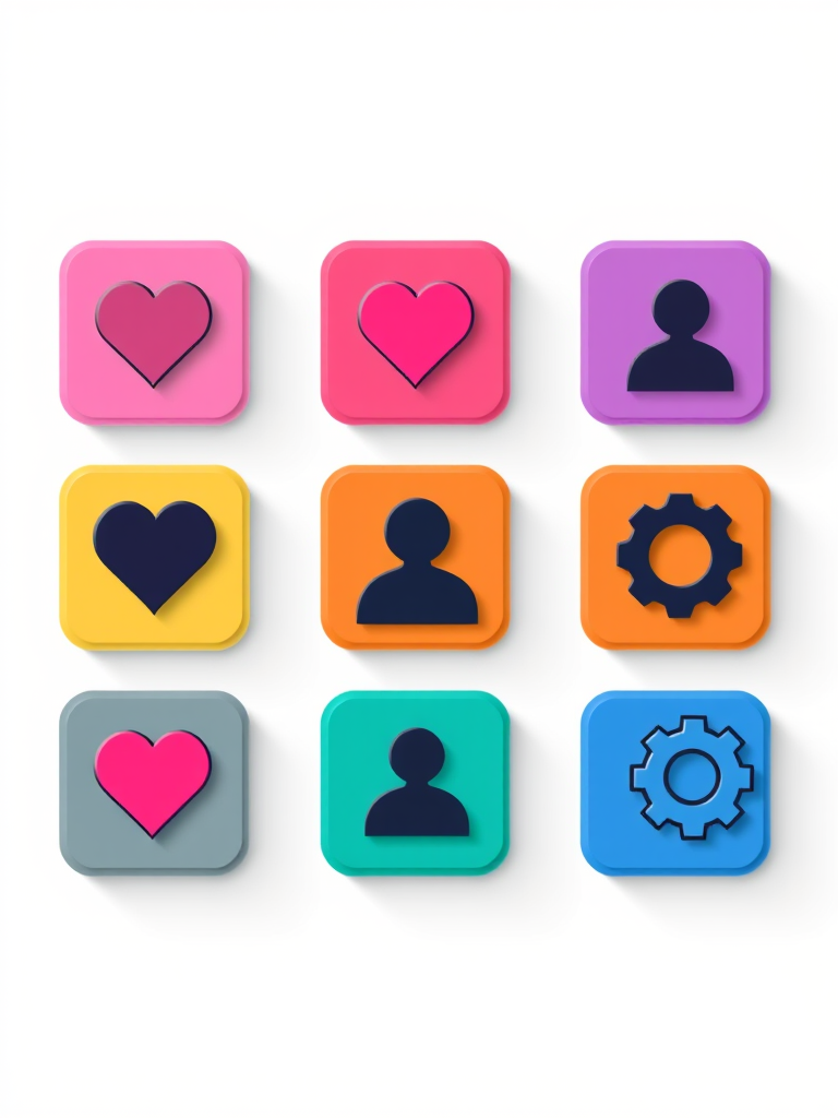 Create a high-resolution digital illustration of nine square icons arranged in a 3x3 grid featuring a heart, user silhouette, and gear symbols with a modern flat design style, using a 50mm lens at f/2.8, ISO 100, and a bright softbox lighting setup to enhance clarity and color vibrancy.