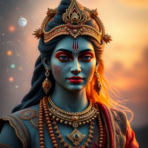 Regenerate an image of a half male and half female deity representation, showcasing intricate details in the clothing and jewelry, with a celestial background; use a DSLR camera, 50mm lens, f/1.8 aperture, ISO 100, sunset lighting, shot from a slightly low angle to emphasize the deity's features and enhance color vibrancy.