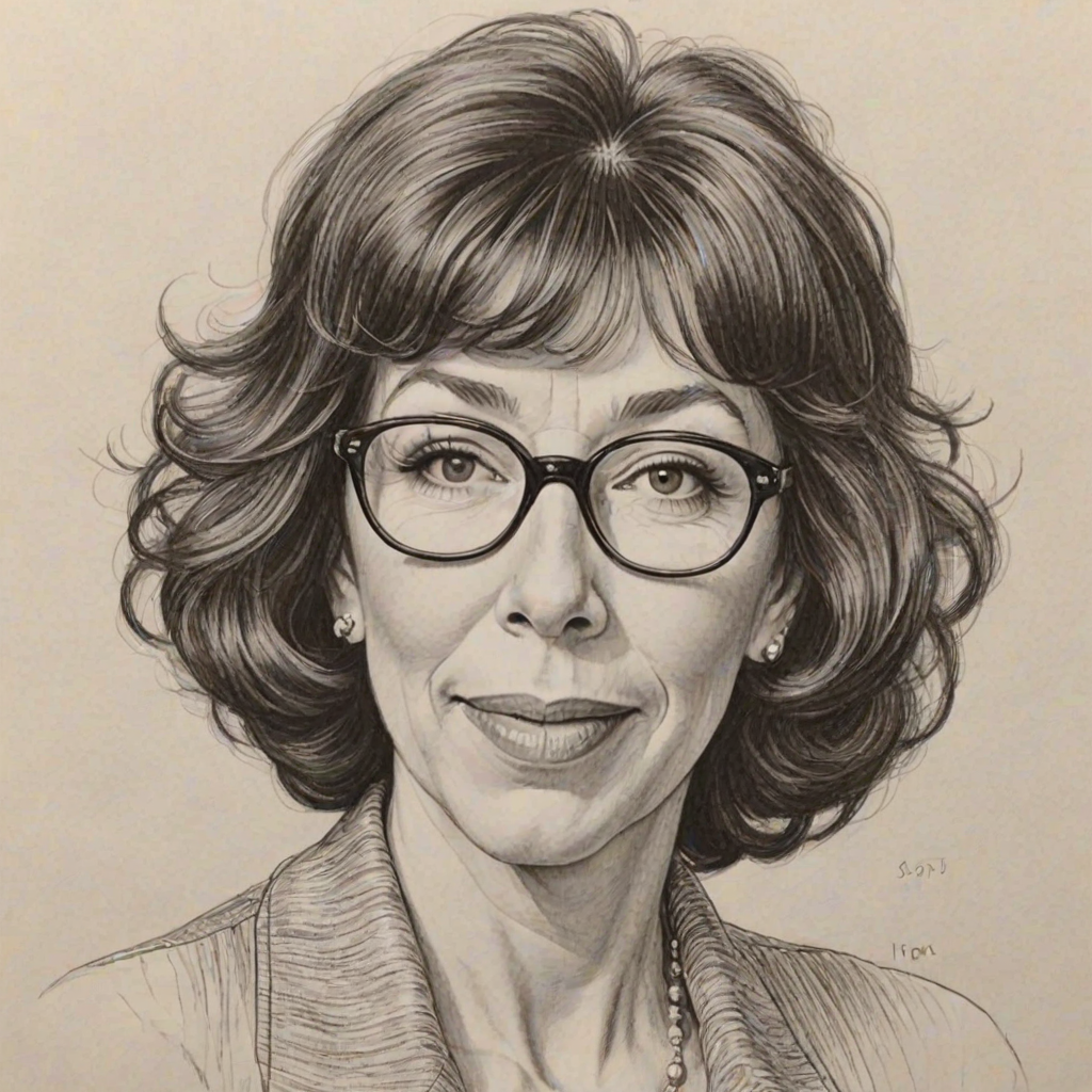 Wonderful Lily Tomlin, pencil sketch, portrait of Alluring woman 1961s in glasses, hair style beatnik, outline, clear lines, fine lines, 8k