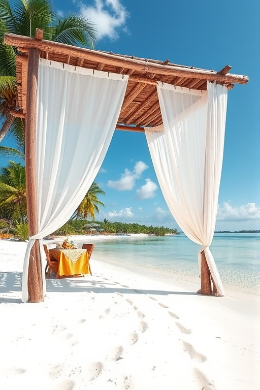 Create a picturesque tropical beach scene featuring a serene, white sandy shore. In the foreground, there's a rustic wooden canopy with white drapes gently flowing in the breeze. Underneath the canopy, a table is set with tropical decor, evoking a sense of relaxation and leisure. The beach extends into a calm, shallow water area with reflections of the sky and surroundings. Palm trees and lush greenery line the edge of the beach, providing a natural, tropical backdrop. The sky is clear with a few scattered clouds, and the overall atmosphere is tranquil and inviting, perfect for a peaceful retreat.
