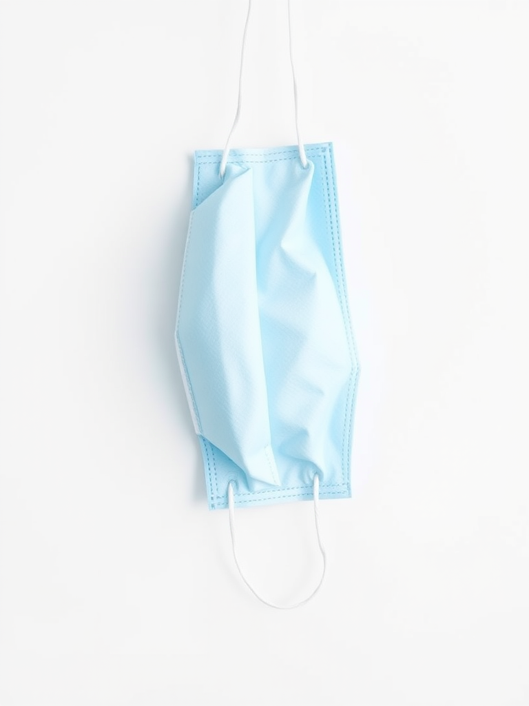 Create a high-resolution image of a light blue surgical mask hanging flat against a plain white background, using a Canon EOS 5D Mark IV with a 50mm lens, aperture set to f/2.8 for a shallow depth of field, ISO 100 for sharp detail, and a soft diffused natural light to enhance colors.