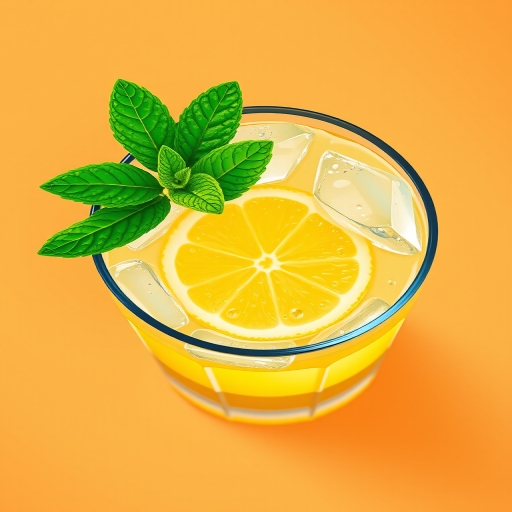 Create a high-resolution vector illustration of a refreshing drink with a slice of lemon, ice cubes, and a mint leaf on a soft gradient orange background, captured with a 50mm lens at f/2.8, ISO 100, shot from a top-down view using a DSLR camera for crisp details and vibrant colors.