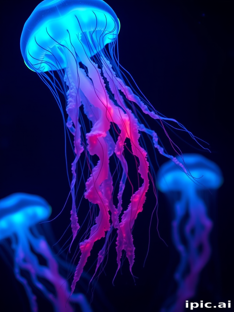 Bioluminescent jellyfish tendrils glow with an otherworldly blue light, floating gracefully in a weightless underwater style, mesmerizing all who gaze upon them