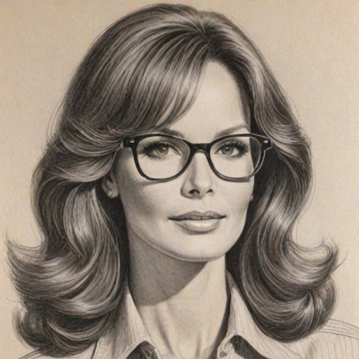 Dazzling Jaclyn Smith, pencil sketch, portrait of Captivating woman 1947s in glasses, hair style beatnik, outline, clear lines, fine lines, 8k