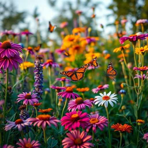 Create a hyper-realistic image of a vibrant garden filled with various flowers and butterflies, using a Canon EOS R5 camera with a 50mm lens, aperture set to f/2.8 for a shallow depth of field, ISO 100 for minimal noise, and a soft golden hour lighting to enhance colors and details.