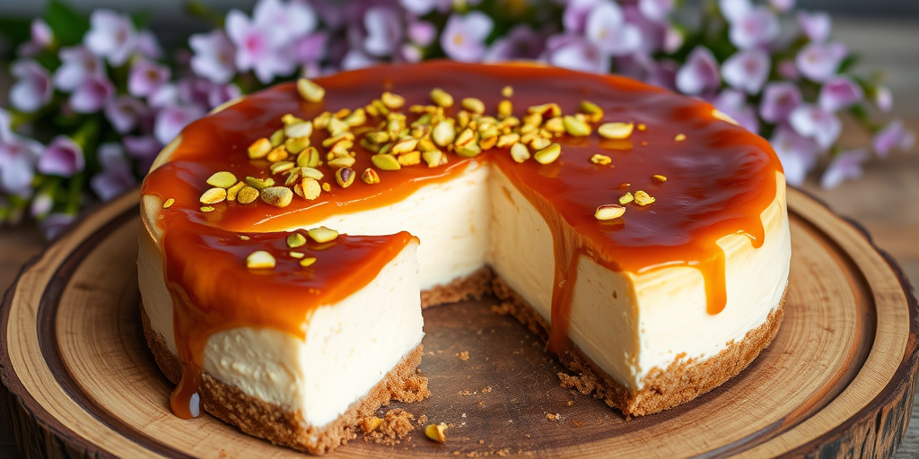 A delicious cheesecake with a glossy caramel topping sprinkled with chopped pistachios on a rustic wooden plate with a slice removed revealing its creamy layers and a crumbly base, surrounded by soft purple flowers in the background.