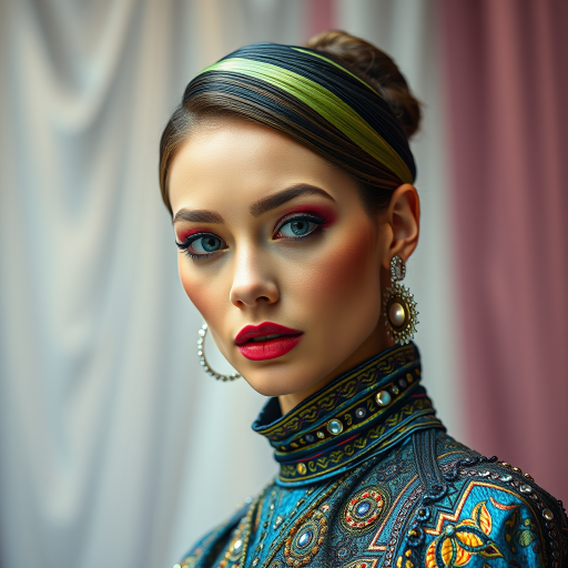 Runway capture, a beautiful model, vibrant colors, metallic textures, high fashion editorial , a 100mm macro lens to get extreme close-ups of intricate details like fabric stitching, accessories, or makeup artistry