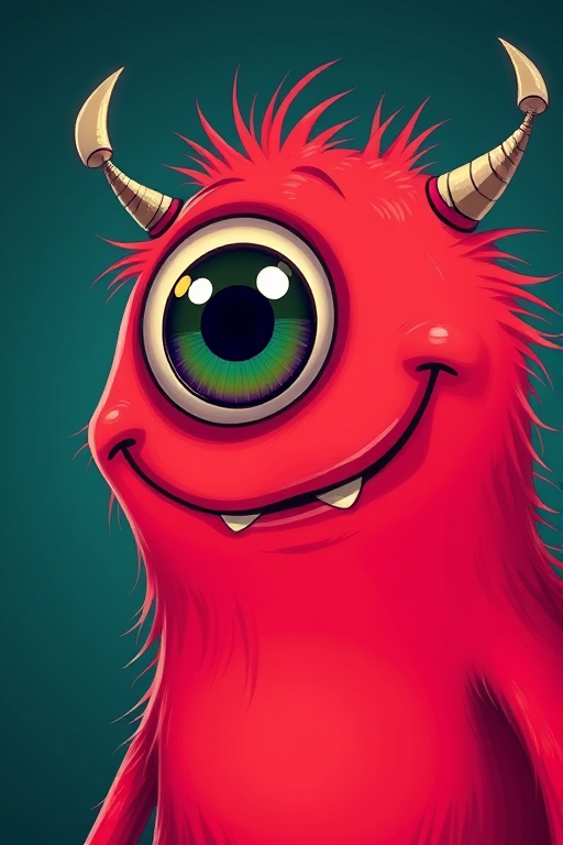 Create a vibrant digital illustration of a monster with a large single eye, bright red body, and a playful expression, using a DSLR camera, 50mm lens, f/2.8 aperture, ISO 100, taken in a close-up shot with a high-resolution setting.