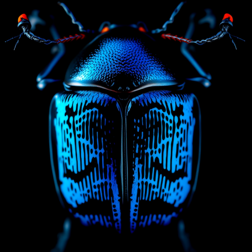 Create a highly detailed digital illustration of a vibrant blue and black beetle from a top-down view, using a 50mm lens with an aperture of f/2.8, ISO 100, and a shallow depth of field to enhance clarity and focus on the intricate patterns of the beetle's shell, rendered in a smooth, high-resolution vector style.