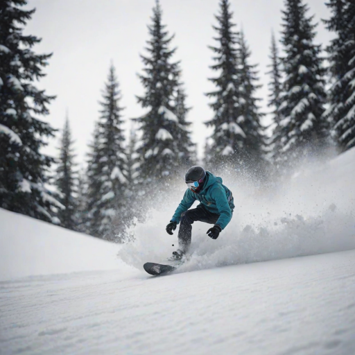 Blurry action shot of a snowboarder carving down a snowy mountain slope, soft focus on the surrounding trees and distant peaks, with a feeling of speed and excitement in the air.