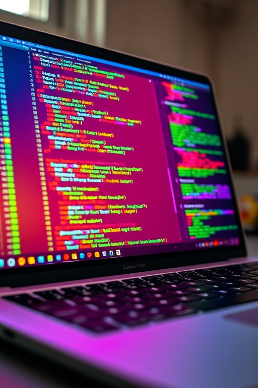 Create a vibrant digital illustration of a laptop screen showing colorful user interface elements and code snippets, using a Canon EOS 5D Mark IV, ISO 100, f/8 aperture, 50mm lens, natural lighting, clear focus on screen details, high-resolution output.