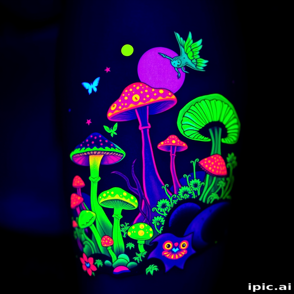 Vivid UV blacklight tattoo dubbed "Neon Dreamscape" featuring a surreal landscape of glowing mushrooms and ethereal creatures that come to life under ultraviolet light