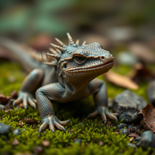 A detailed close-up of a fantasy lizard creature with textured skin and spines, sitting on moss-covered ground surrounded by leaves and small rocks, captured with a DSLR camera using a 50mm lens, aperture f/2.8, ISO 100, natural lighting, shallow depth of field, emphasizing vivid colors and intricate details.