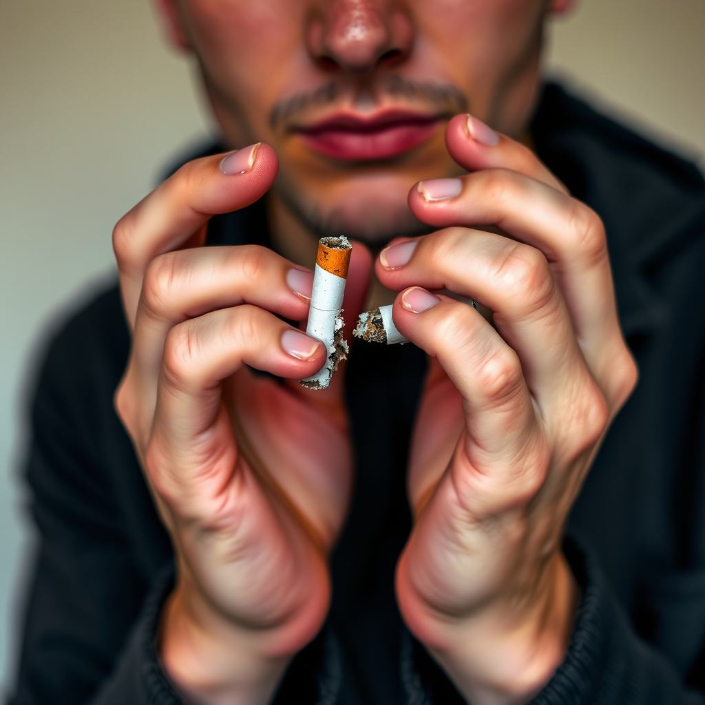Close-up shot of a person holding two broken cigarettes with a neutral background, using a DSLR camera at f/2.8 aperture, ISO 100, shutter speed 1/100s, 50mm lens, natural light, and focus on the hands to enhance detail.