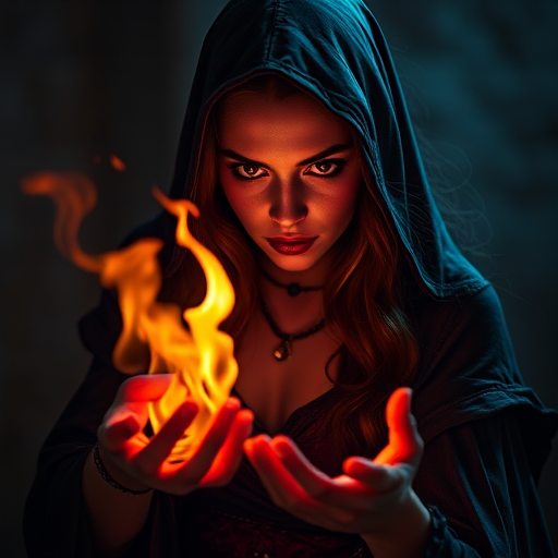 Create a high-resolution image of a dark sorceress with glowing flame magic in hand, using a Canon EOS R5 with a 50mm lens, f/1.8 aperture, ISO 100, shot from eye level, in a dramatic, cinematic style with vibrant colors.