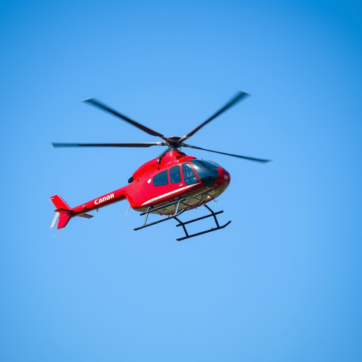 helicopter flying overhead, clear blue sky background, captured with a Canon EOS R5, 24mm lens, f/8 aperture, ISO 100, shutter speed 1/1000s, aerial view, high-resolution photography, vibrant colors