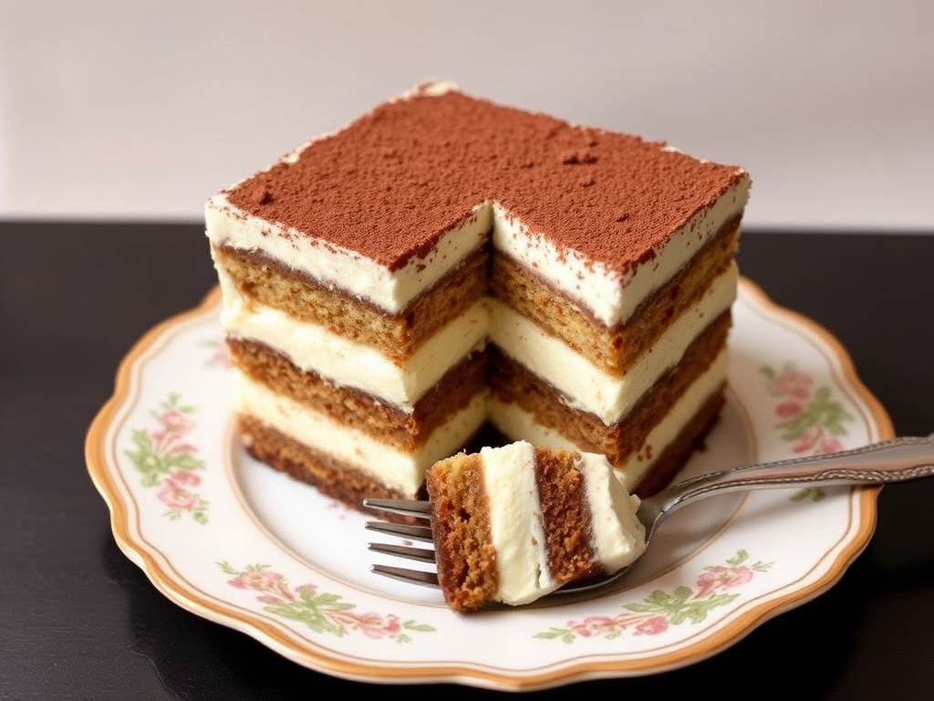 Create an image of a delicious layered dessert with a creamy texture and a dusting of cocoa powder on top. The dessert should be served on a decorative plate with a fork beside it. Include a partially eaten slice to showcase the layers of cake and cream inside. The background should be simple and neutral to emphasize the dessert.