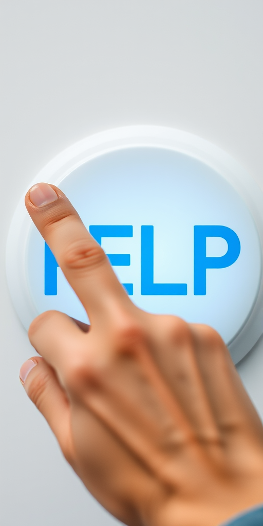 Create an image of a hand pressing a large white button with the word "HELP" in bold blue letters, shot with a Canon EOS R5, 50mm lens, f/2.8 aperture, ISO 100, natural lighting, shallow depth of field, close-up view.