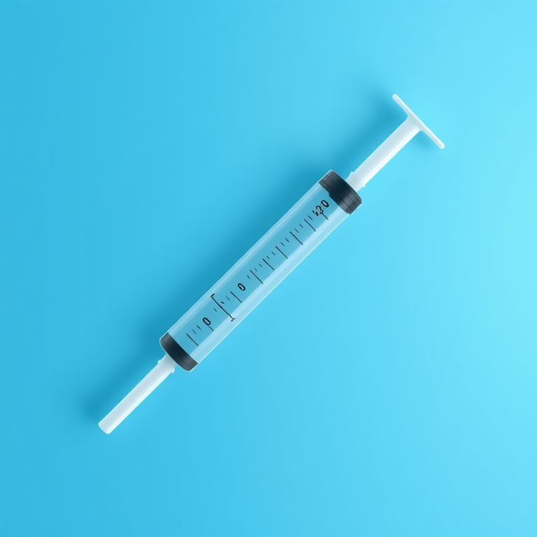 create a high-quality minimalist vector illustration of a syringe with a smooth gradient blue background, using a Canon EOS R5 camera, with a focal length of 50mm, aperture set to f/1.8, and ISO 100 for optimal clarity and detail.